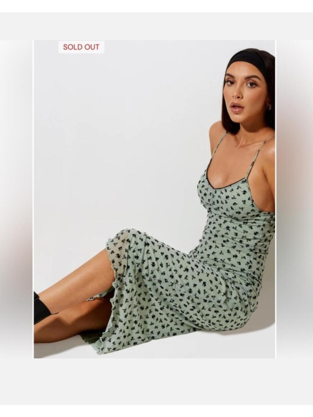 NWT Motel Cotina Midi Dress in Sage Flower Buds Black Flock Small